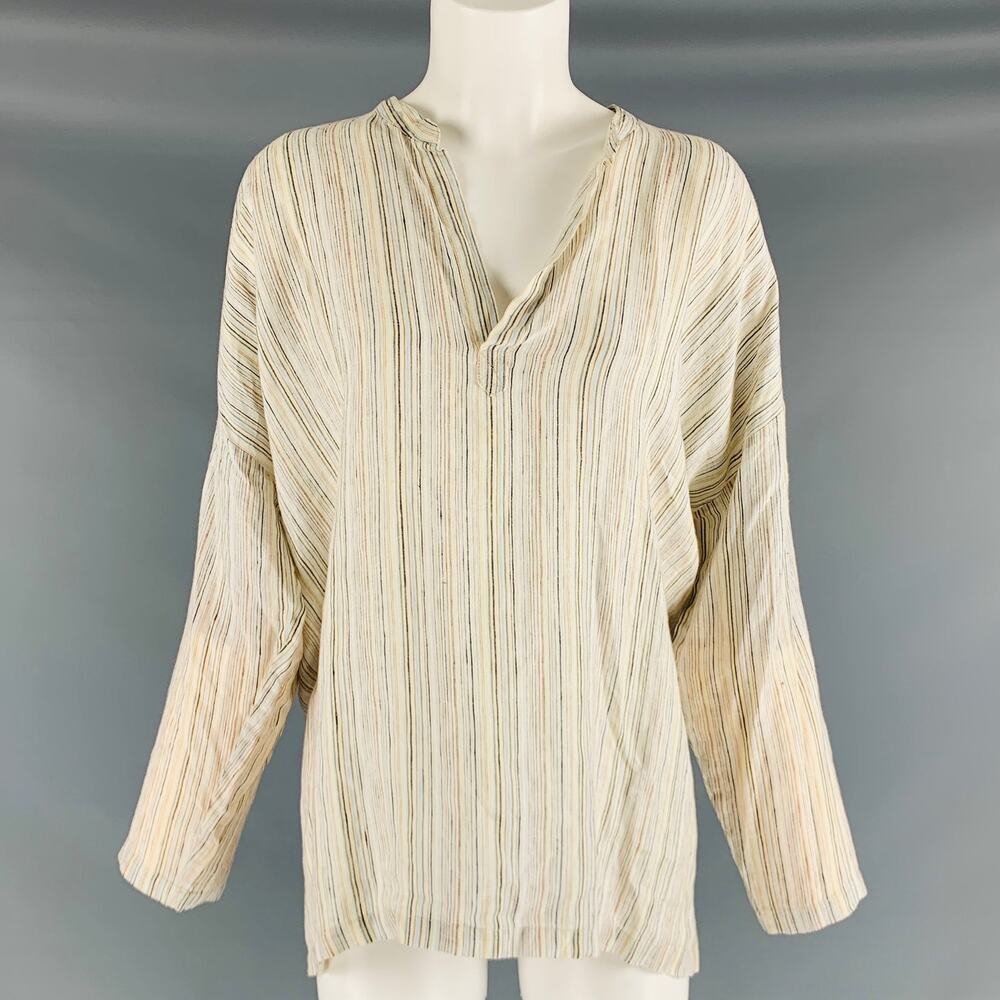 ESKANDAR Size 0 White Blue Linen Stripe Long placket Casual Top